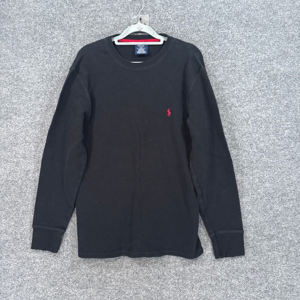 Polo Ralph Lauren Thermal Shirt Mens Medium Black Waffle Knit Long Sleeve Pony